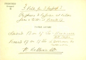 Autografo originale 1939 FRIBURGO SVIZZERA Paolo ARCARI Biglietto da visita con AUTOGRAFO 1