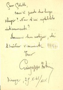 Autografo originale 1941 FIRENZE Storico Giuseppe FATINI chiede notizie di Flavio COLUTTA AUTOGRAFO 1