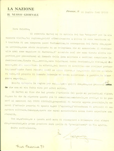 Autografo originale 1940 FIRENZE Rodolfo GAZZANIGA Direttore de La Nazione richiamato alle armi 1