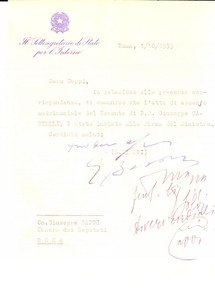 Autografo originale 1953 ROMA On. Guido BISORI su un atto alla firma del Ministro Autografo 1
