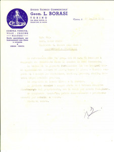 Documento originale, autentico 1951 TORINO Geometra BORASI su una cascina in zona COCCONATO Lettera 1