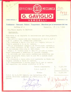 Documento originale, autentico 1962 VERCELLI Officina meccanica GAVIGLIO Preventivo impianto essicazione riso 1