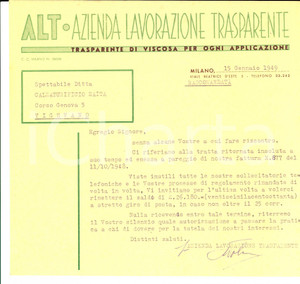Documento originale, autentico 1949 MILANO Ditta ALT Azienda Lavorazione Trasparente  Viscosa Lettera 1