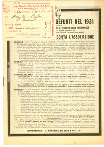 Documento originale, autentico 1931 BERGAMO Soci della Pia Associazione morti in Cristo  + tessera iscrizione 1