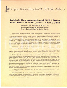 Documento originale, autentico 1922 MILANO Gruppo Rionale SCIESA  Stralcio discorso di MUSSOLINI pro Caduti 1