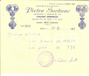 Manoscritto, lettera originale 1962 BREME LOMELLINA PV Premiata ditta Pietro SORBONE  Giacenze vini 1