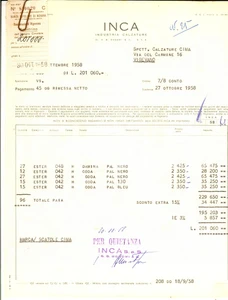Documento originale, autentico 1958 VIGEVANO PV Industria calzature INCA Fattura intestata 1