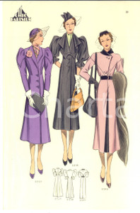 Stampa, bozzetto originale 1930 ca Moda donna ANNI  30 CHIC PARISIEN Abiti lunghi e cappelli con veletta 1