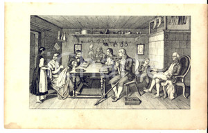 Stampa, bozzetto originale 1825 FRANCIA ? COSTUMI Benefattori visitano una famiglia povera Stampa 22x14 1