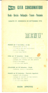 Oggetto da collezione cartaceo 1970 GRADO GO Gita dei consumatori VEGE  Menù VINTAGE 12 x 23 cm 1