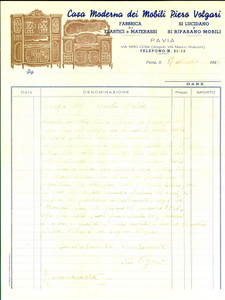 Manoscritto, lettera originale 1946 PAVIA Casa Moderna dei Mobili Pietro VOLGARI sullo sgombero di un magazzino 1