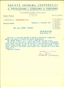 Manoscritto, lettera originale 1947 VIGEVANO PV SocietÃ  Cooperativa di Produzione e Consumo su saldo merce 1