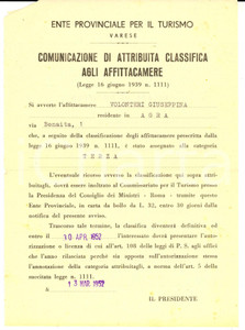 Documento originale, autentico 1952 VARESE Classifica per l affittacamere Giuseppina VOLONTERI Documento 1