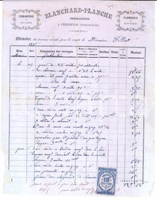 Documento originale, autentico 1875 PIERRECLOS FRANCE Ferblanterie BLANCHARDPLANCHE MÃ©moire des travaux 1