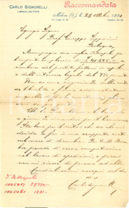 Autografo originale 1927 MILANO Editore Carlo SIGNORELLI restituisce un prestito AUTOGRAFO 1