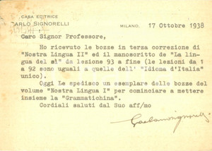 Autografo originale 1938 MILANO Editore Gaetano SIGNORELLI invia bozze di un volume AUTOGRAFO 1