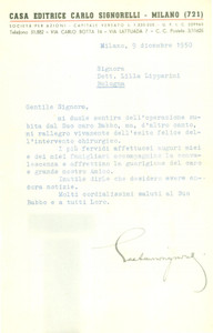 Autografo originale 1950 MILANO Editore Gaetano SIGNORELLI preoccupato per Giuseppe LIPPARINI 1