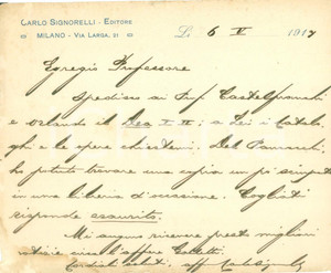 Autografo originale 1917 MILANO Editore Carlo SIGNORELLI invia alcuni libri AUTOGRAFO DANNEGGIATO 1