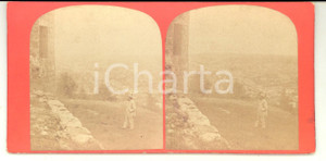 Fotografia d epoca originale 1880 ca MARTIGNY ? Touristes au château de la Bâtiaz Photo stéréoscopique 1