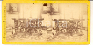 Fotografia d epoca originale 1880 FRANCE Table en bois sculptÃ© avec figures d hommesPhoto stÃ©rÃ©oscopique 1