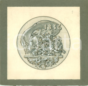 Stampa, bozzetto originale 1936 BERSAGLIERI Centenario del Corpo Bozzetto DISEGNATO A MANO per medaglia 1