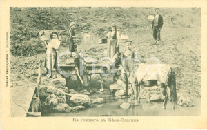 Cartolina originale da collezione 1900 ca RUSSIA Portatori d acqua al fiume con mulo Cartolina ANIMATA FP NV 1