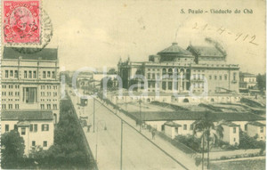 Cartolina originale da collezione 1912 SAO PAULO BRASILE Tram in Viaducto do ChÃ  Cartolina ANIMATA FP VG 1