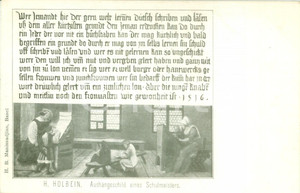 Cartolina originale da collezione 1900ca Hans Holbein il Giovane Aushängeschild eines Schulmeisters – Basilea 1