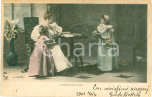 Cartolina originale da collezione 1901 FRANCE Bambina regala fiori alla mamma per compleanno Cartolina FP VG 1