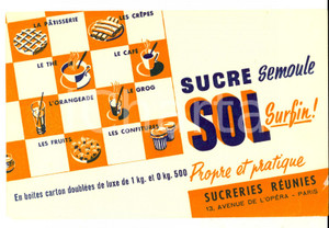 Materiale pubblicitario d’epoca 1950 PARIS SUCRERIES REUNIES Sucre SOL Carta assorbente PUBBLICITARIA 20x13 1