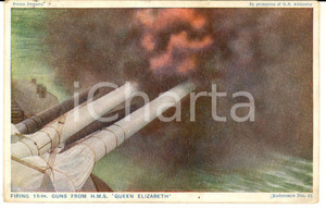 Cartolina originale da collezione 1910 ca BRITISH ARMY Firing 15in. guns from H.M.S. QUEEN ELIZABETH Postcard 1