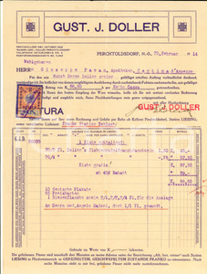 Documento originale, autentico 1914 PERCHTOLDSDORF AUSTRIA Ditta GUST. J. DOLLER Fattura intestata 1