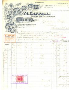 Documento originale, autentico 1917 MILANO Ditta M. CAPPELLI Lastre per fotografia Fattura ILLUSTRATA 1