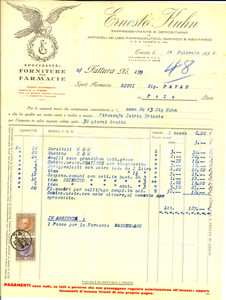 Documento originale, autentico 1934 TRIESTE  Ernesto KUHN rappresentante articoli farmaceutici Fattura 1