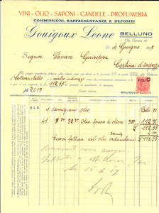Documento originale, autentico 1917 BELLUNO Leone GOUIGOUX Olio, saponi, candele e profumeria Fattura 1