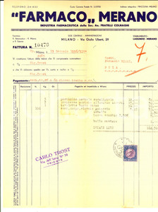 Documento originale, autentico 1936 MILANO FARMACO MERANO Industria farmaceutica FRATELLI COLNAGHI Fattura 1