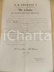 Documento originale, autentico 1892 ROMA Nomina di Giuseppe WIRTH cavaliere ORDINE DELLA CORONA D ITALIA 1