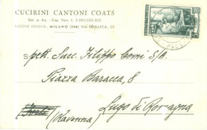 Cartolina originale da collezione 1952 MILANO Cucirini Cantoni Coats invia incaricato Cartolina commerciale FP VG 1
