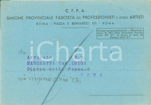 Cartolina originale da collezione 1937 ROMA Unione Provinciale Fascista Professionisti Artisti C.F.P.A. Cartolina 1