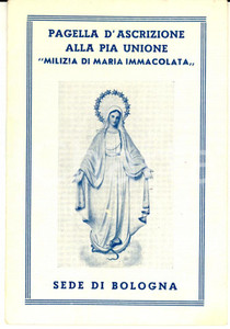 Documento originale, autentico 1948 BOLOGNA Pagella ascrizione alla MILIZIA DI MARIA IMMACOLATA Libretto 8 pp. 1