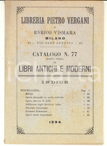 Libro, pubblicazione d epoca 1894 MILANO Libreria Pietro VERGANI Catalogo libri antichi e moderni n. 77 p. 1 1