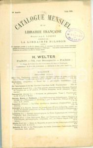 Libro, pubblicazione d epoca 1891 MILANO Catalogue Mensuel Librairie FranÃ§aise NILSSON Catalogo antiquario 1