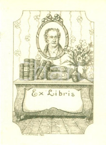 Oggetto da collezione cartaceo 1924 M.V. ATTEMS Ex Libris con ritratto di GOETHE cm 6 x 8 1 1