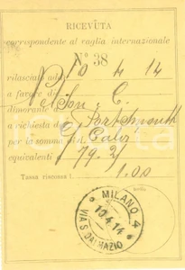Documento originale, autentico 1914 MILANO STORIA POSTALE Ricevuta per vaglia internazionale 1