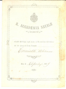Documento originale, autentico 1889 LIVORNO Regia Accademia Navale  Stato mensile studi di Aleramo TORNIELLI 1