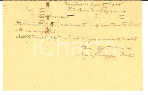 Autografo originale 1926 TORINO Ing. Giuseppe DULIO ringrazia per assicurata Cartolina postale 1