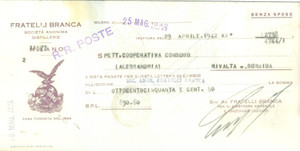 Documento originale, autentico 1941 MILANO Fratelli BRANCA Società an. distillerie Cambiale pubblicitaria 3 1