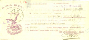 Documento originale, autentico 1935 MILANO Fratelli BRANCA società anonima distillerie Cambiale pubblicitaria 1