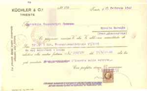 Documento originale, autentico 1942 TRIESTE Ditta KUCHLER & Co. Lettera di accreditamento 1