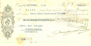 Documento originale, autentico 1933 ONEGLIA IM Oleificio AMORETTI & GAZZANO Assegno pubblicitario 1